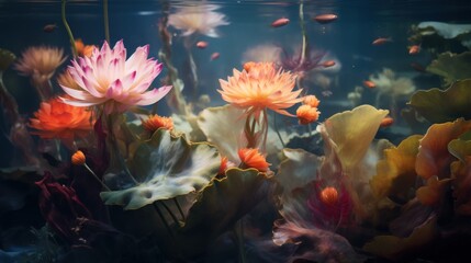 Fototapeta na wymiar a group of water lilies floating in a pond with other water lilies in front of a fish tank.