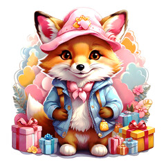 Sticker isolated cute fox wearing a pink hat  and jacket with gift boxes. Transparent background. Generative AI