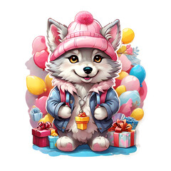 Sticker isolated cute wolf wearing a pink hat  and jacket with gift boxes. Transparent background. Generative AI