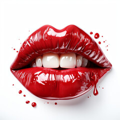 Glossy red lips with dripping liquid art on a white background.
