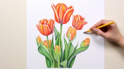  a drawing of a bouquet of orange tulips with green leaves and a person's hand holding a pencil.