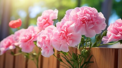  a group of pink flowers sitting on top of a wooden planter next to a wooden slatted fence.