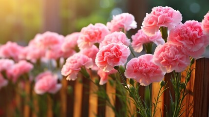  a row of pink carnations sitting next to each other on top of a wooden slatted fence. - obrazy, fototapety, plakaty
