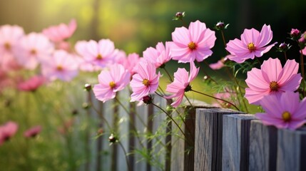  a row of pink flowers sitting on the side of a wooden fence in front of a field of green grass.