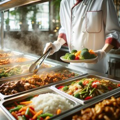 Chef at buffet with fresh vegetables and dishes