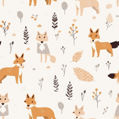 Fototapeta premium Seamless pattern with orange foxes and neutral botanical elements on a light background.