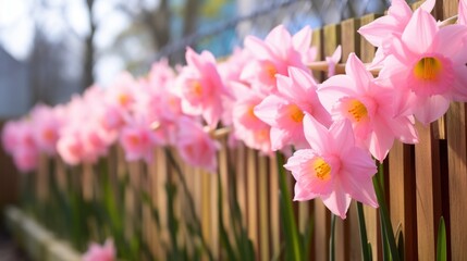  a row of pink flowers sitting on top of a wooden fence next to a wooden slatted fence in front of a tree.