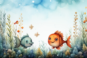 Fototapeta na wymiar Whimsical underwater scene with cute fish, aquatic plants, and bubbles, watercolor illustration, blue background.