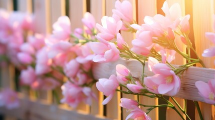  a bunch of pink flowers sitting on top of a wooden slatted window sill next to a wooden fence. - obrazy, fototapety, plakaty