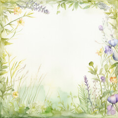 Soft watercolor floral frame with pastel flowers and foliage on a light background.
