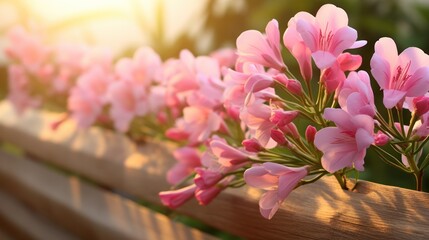  a row of pink flowers sitting on top of a wooden bench next to a lush green forest filled with trees.