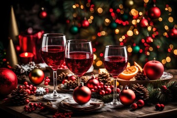 Fototapeta na wymiar dos copas de vino caliente de navidad sobre mesa decorada y fruta con fondo desenfocado de decoración navideña