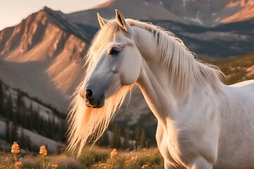 white horse with flowing mane and tail balanced on a high ridge in the rocky mountains during sunset, wildlife concept, generative ai
