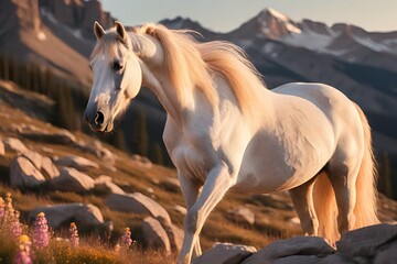 Obraz na płótnie Canvas white horse with flowing mane and tail balanced on a high ridge in the rocky mountains during sunset, wildlife concept, generative ai