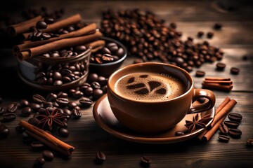 Fototapeta premium taza de ceramica con cafe sobre mesa de madera y fondo oscuro desenfocado con decoracion de granos de cafe, canela, anis y dulces.ilustracion de ia generativa-