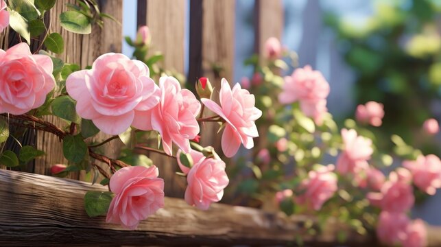  a close up of pink flowers on a window sill with a wooden slatted fence in the background.