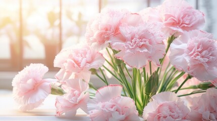  a bouquet of pink carnations on a window sill with the sun shining through the window behind them.