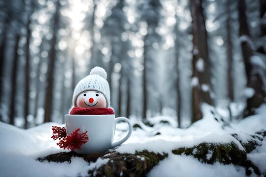 muñeco de nieve con bufanda y gorro de lana en el interior de una taza, sobre fondo de bosque nevado