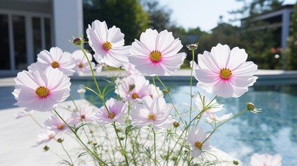  a bunch of pink flowers in a vase by a swimming pool with a house in the backgrouf.