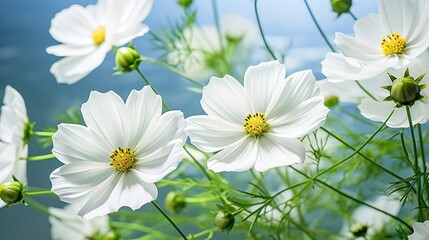  a close up of a bunch of white flowers with a blue sky in the background and a few green stems in the foreground.