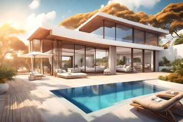 Relaxing summer, Sunbathing deck and private swimming pool with near beach and panoramic sea view at luxury house /3d rendering