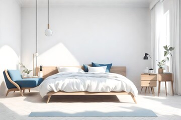 Scandinavian interior of bedroom concept design,blue lounge chair with wood bedside table and white bed on white wall ,empty room ,3d rendering