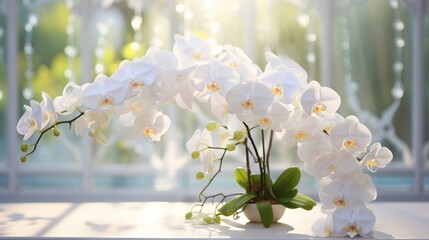  a vase filled with white flowers sitting on top of a table next to a window covered in sun glares.