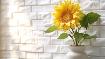  a white vase with a yellow sunflower in it on a white brick wall with sunlight coming through the window.