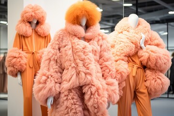 Three Mannequins Dressed in Peach Fuzz color Outfits Created With Generative AI Technology - 695614949