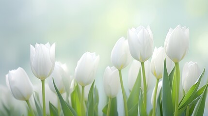  a group of white tulips with green stems in front of a blue and white sky with clouds in the background.