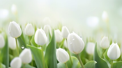  a bunch of white tulips with drops of water on them in front of a blurry green background.