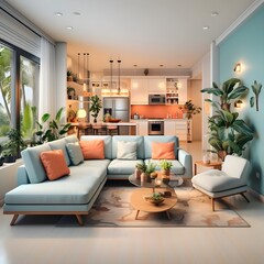 Living interior de colores pasteles, iluminado. Render realista Generada con tecnología IA - obrazy, fototapety, plakaty