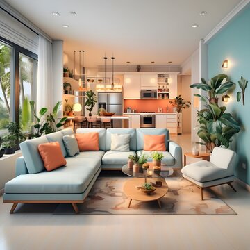 Living interior de colores pasteles, iluminado. Render realista Generada con tecnolog&iacute;a IA
