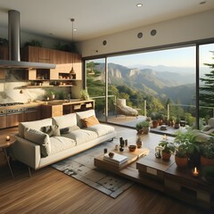 Interior de living de casa en la montaña con paisaje de fondo. Render fotorealista elaborado con tecnología IA