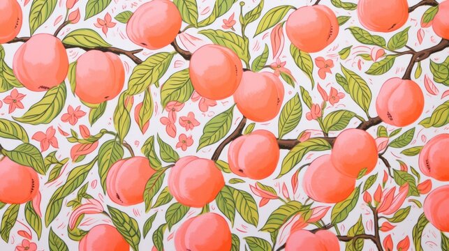  a painting of a bunch of peaches on a tree branch with green leaves and flowers on a white background.