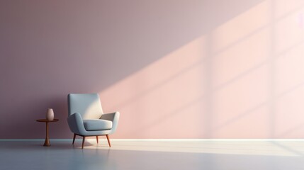 a chair and a table in a room with a pink wall and a lamp on the side of the room.