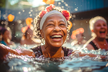 Elderly happy women do aqua aerobics in the indoor pool. Group of elder women at aqua gym session - obrazy, fototapety, plakaty