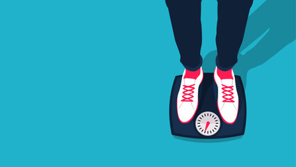 Modern llustration of a stylish person standing on a scale to measure their bodyweight, with copy space.