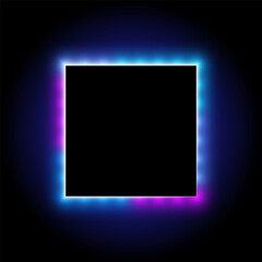 Glowing neon square frame, illuminated background, vector illustration.