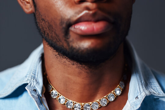 Gold Diamond Jewelry Necklace on Fashionable Black Male