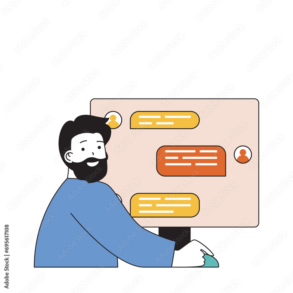 Poster social network concept with cartoon people in flat design for web. man chatting at computer screen a