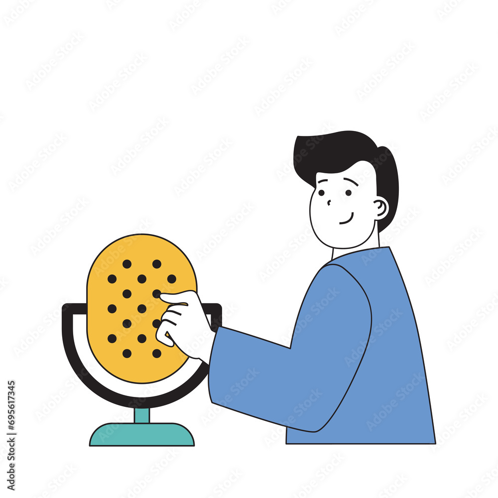 Aufkleber social network concept with cartoon people in flat design for web. man with microphone broadcasting 