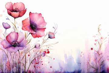 Watercolor painting of delicate purple and red poppies with splashes on a soft pink and white background.