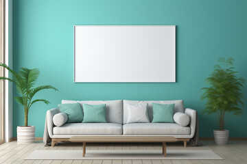 A modern living room with a large turquoise wall, featuring a central blank mockup frame, minimalist furniture, and indoor plants 8k,
