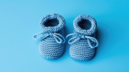 Cute knitted baby booties on blue background with copy space