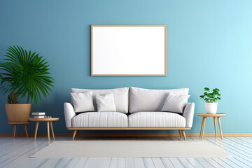 A modern living room with a large blue wall featuring a blank empty mockup frame, minimalist furniture, and decorative plants. 8k,