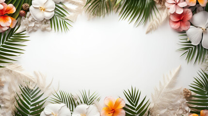 Fototapeta na wymiar white sand textured background with floral and palm leaves 