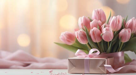 pink tulips and gift box