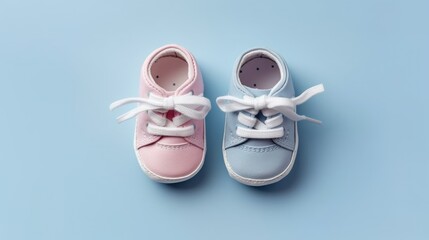Pink and blue baby booties on a blue background top view. Gender reveal concept. Boy or girl - obrazy, fototapety, plakaty
