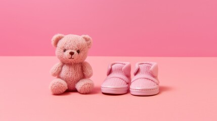 Knitted pink blue booties and toy bear on a pink background 